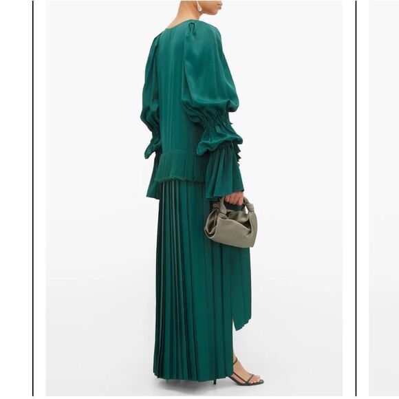 KHAITE Cara Pleated Stepped-Hem Satin Dress in Green - Picture 3 of 16